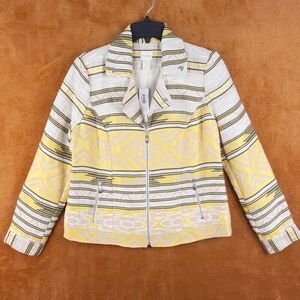 CHICOS Womens Jacket Size 0 Small Yellow Gray Moto Zip Up Aztec Jacquard